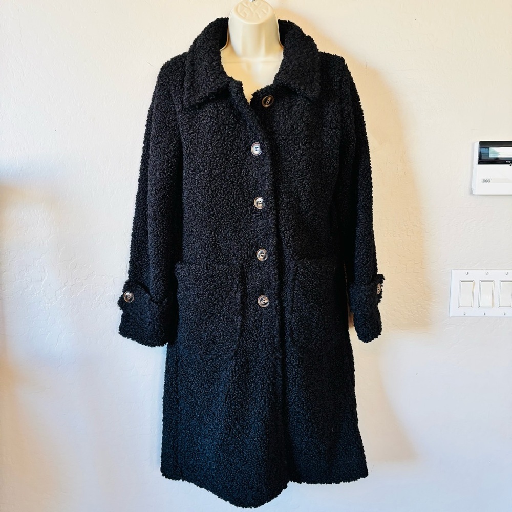 Shinestar NWOT Boucle black long cozy teddy coat size S *missing belt‎